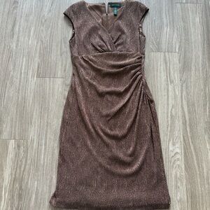 Lauren Ralph Lauren Evening Bronze Brown Sparkle Metallic Dress Stretchy Size 12